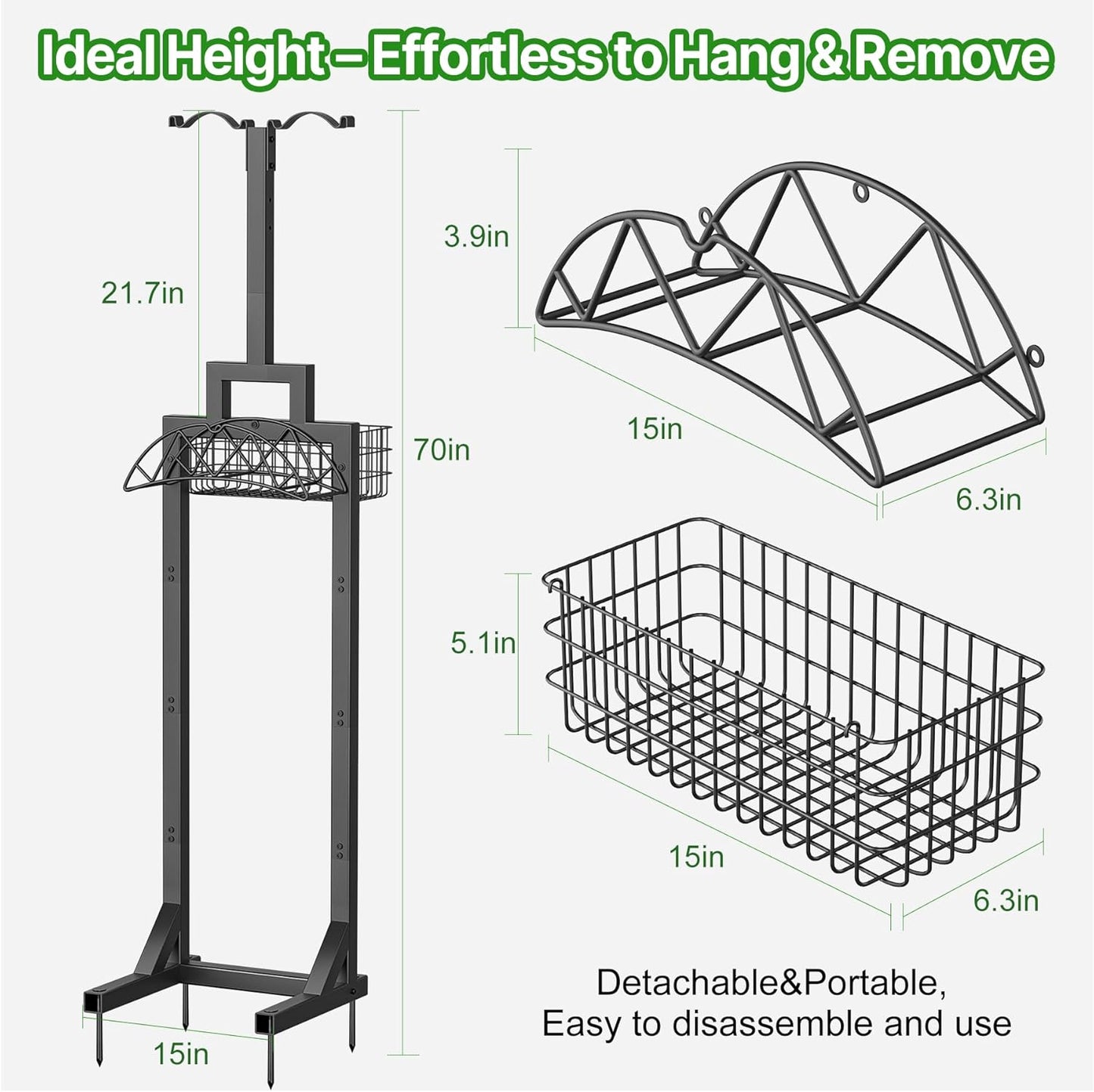 Garden Hose Holder, Water Hose Holders for Outside with Storage Basket & 2 Shepherds Hooks, Detachable Garden Hose Holder Freestanding, Heavy Duty Hose Holder Supports 150ft Hoses