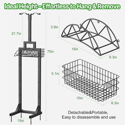 Garden Hose Holder, Water Hose Holders for Outside with Storage Basket & 2 Shepherds Hooks, Detachable Garden Hose Holder Freestanding, Heavy Duty Hose Holder Supports 150ft Hoses