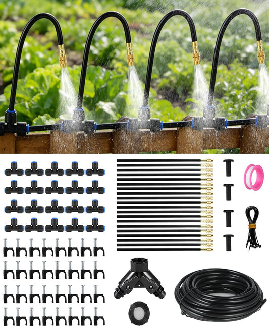 130FT Drip Irrigation System for Garden: 20 Nozzles 1/4" PE Tubing Automatic Watering Kit Adjustable Misting Sprinkler Mister Hose for Water Plants Tape Raised Beds Lawn Outdoor Yard Greenhouse 130FT