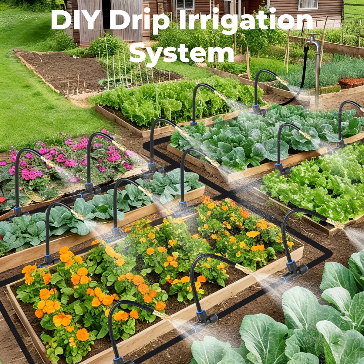 130FT Drip Irrigation System for Garden: 20 Nozzles 1/4" PE Tubing Automatic Watering Kit Adjustable Misting Sprinkler Mister Hose for Water Plants Tape Raised Beds Lawn Outdoor Yard Greenhouse 130FT