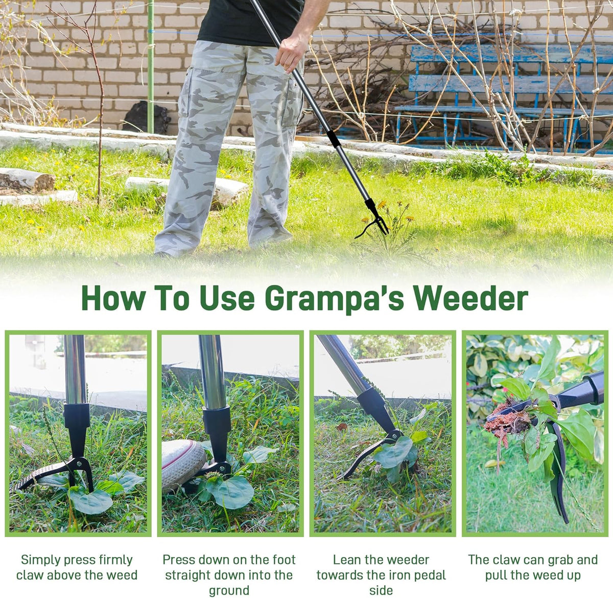 Weed Puller Tool-4-Claw Stand Up Weeder and Root Remover,Weeder Tool for Yard Long Handle Crack Weeder Without Pulling, Bending, Used for Weed Control, Dandelion, Moss or Thistle