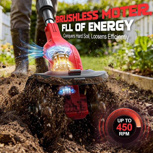 Cordless Tiller Cultivator Compatible with Milwaukee 18V Battery, 450RPM Brushless Garden Rototiller,48 Steel Tines, 9"W×6.3"D,Foldable Soil Tilling Tool for Garden Lawn Landscaping (Tool Only)