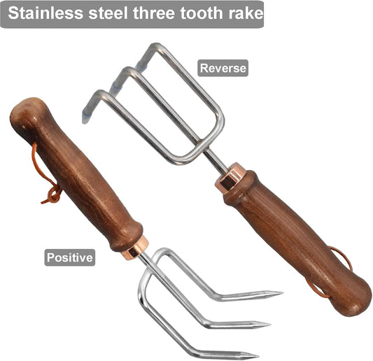 Gardening Tools-Gardening Handle Tools Flower Spade Digging Loosening Tools Hand Rake Weed Puller Garden Tools Make Ideal Gardening Gifts for Gardening Enthusiast(Three-Tooth Rake)