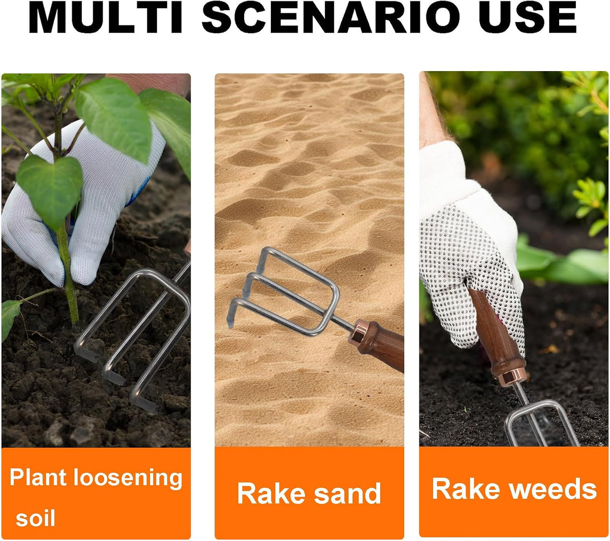 Gardening Tools-Gardening Handle Tools Flower Spade Digging Loosening Tools Hand Rake Weed Puller Garden Tools Make Ideal Gardening Gifts for Gardening Enthusiast(Three-Tooth Rake)