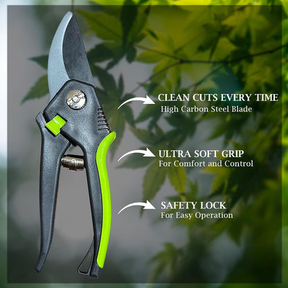 Bypass Pruner Elite - High Carbon Steel Bypass Hand Pruner Pruning Shears Scissors Clippers - Comfort Grip Handles - Perfect for Gardening Trimming Pruning