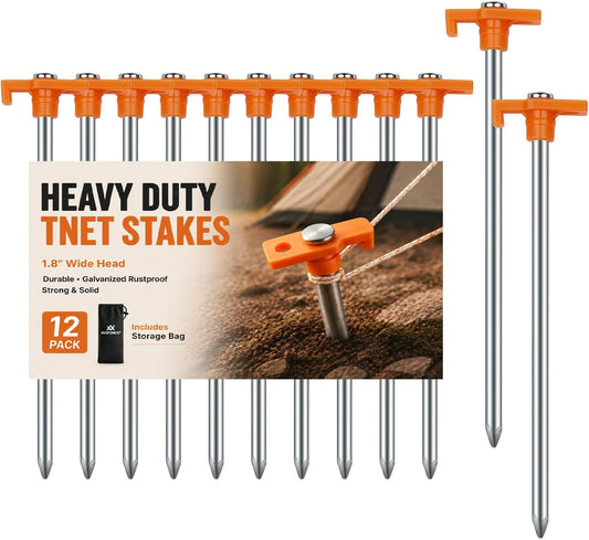 12 Pack Tent Stakes Heavy Duty Camping Stakes, 7.1inch Non-Rust Metal Tent Pegs with Storage Bag Ground Stakes Tent Spikes Camping,Garden,Hiking Orange (Orange 12pcs, 7.1IN)