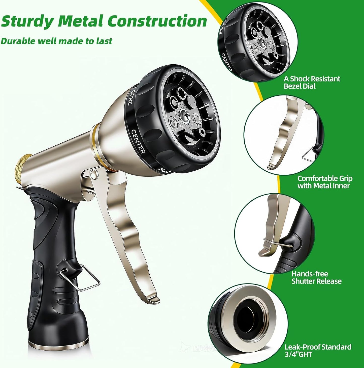 Metal Garden Hose Nozzle, Heavy Duty High Pressure Hand Sprayer