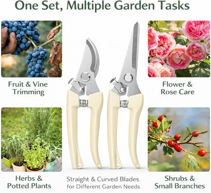 Pruning Shears, 2Pcs Pruning Shears for Gardening,Professional Garden Shears for Flowers, Bonsai and Fruits Picking (1pc Straight & 1pc Curved)