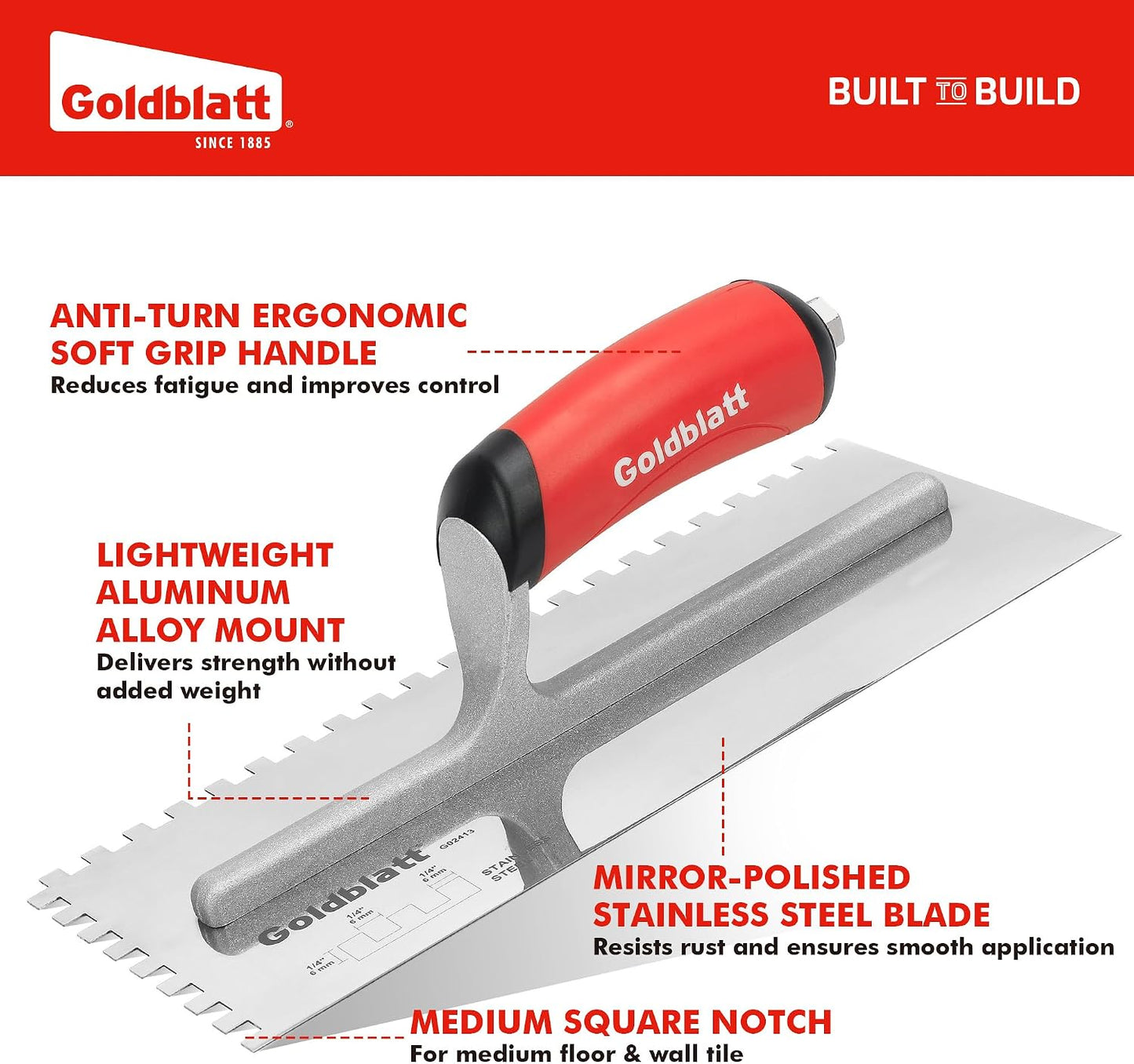 1/2'' x 1/2'' x 1/2'' Square-Notch Tile Trowel, 11'' x 4.5''