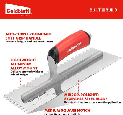 1/2'' x 1/2'' x 1/2'' Square-Notch Tile Trowel, 11'' x 4.5''