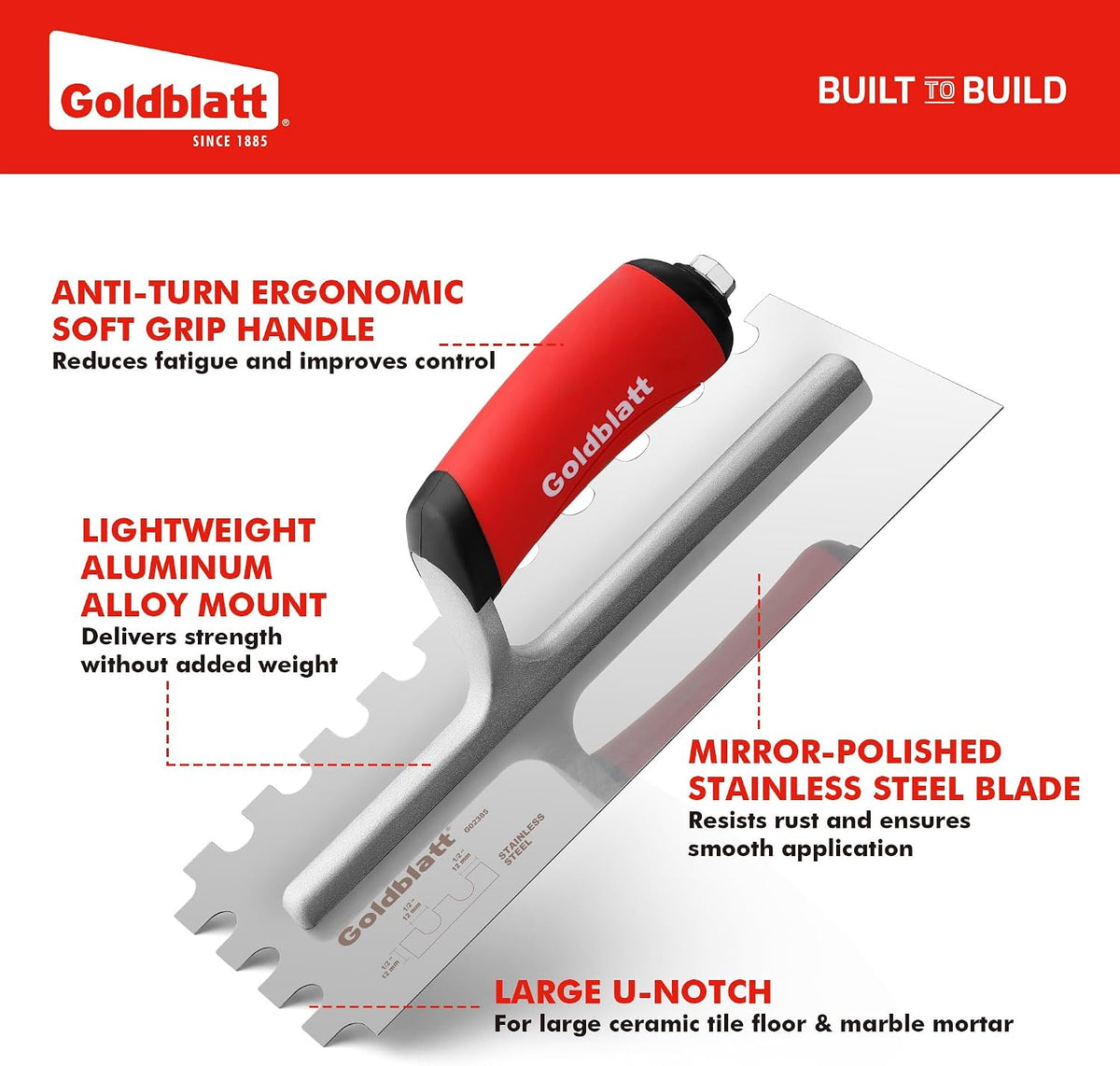1/2'' x 1/2'' x 1/2'' Square-Notch Tile Trowel, 11'' x 4.5''