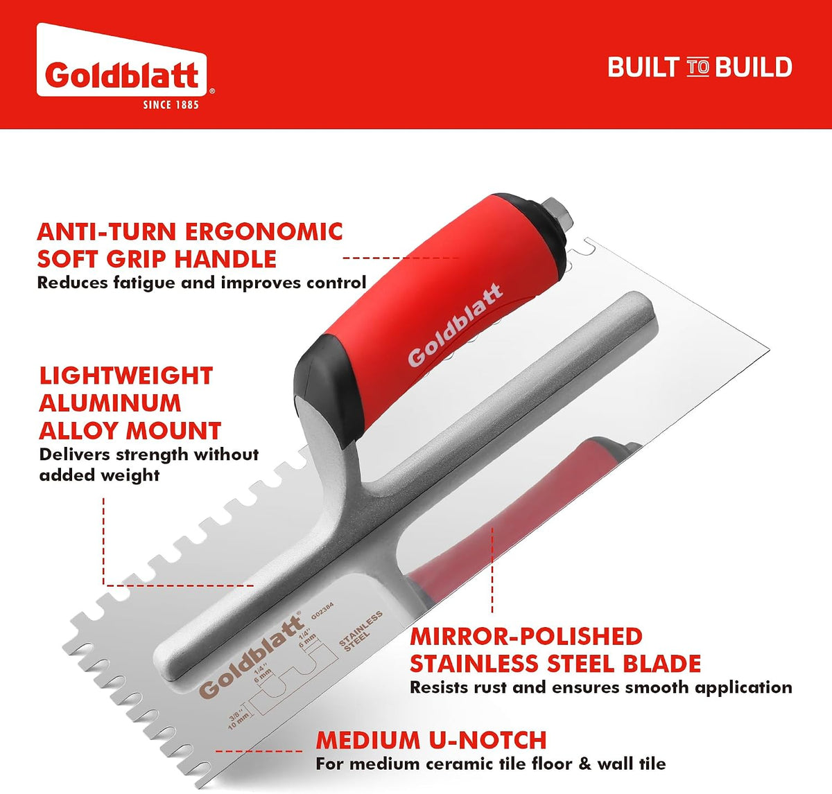 1/2'' x 1/2'' x 1/2'' Square-Notch Tile Trowel, 11'' x 4.5''