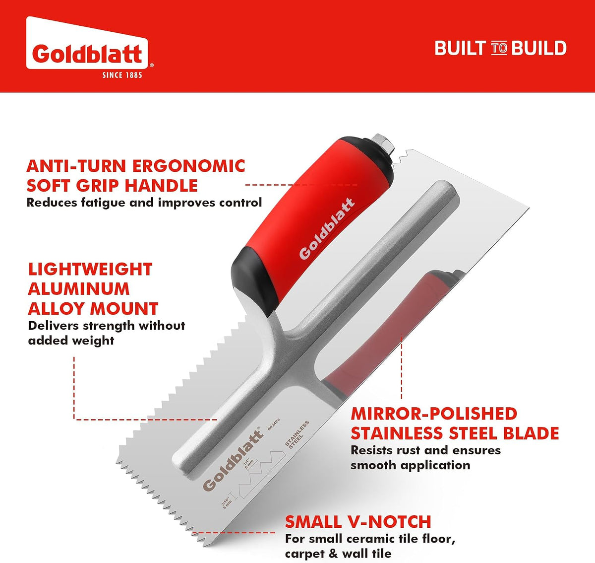 1/2'' x 1/2'' x 1/2'' Square-Notch Tile Trowel, 11'' x 4.5''