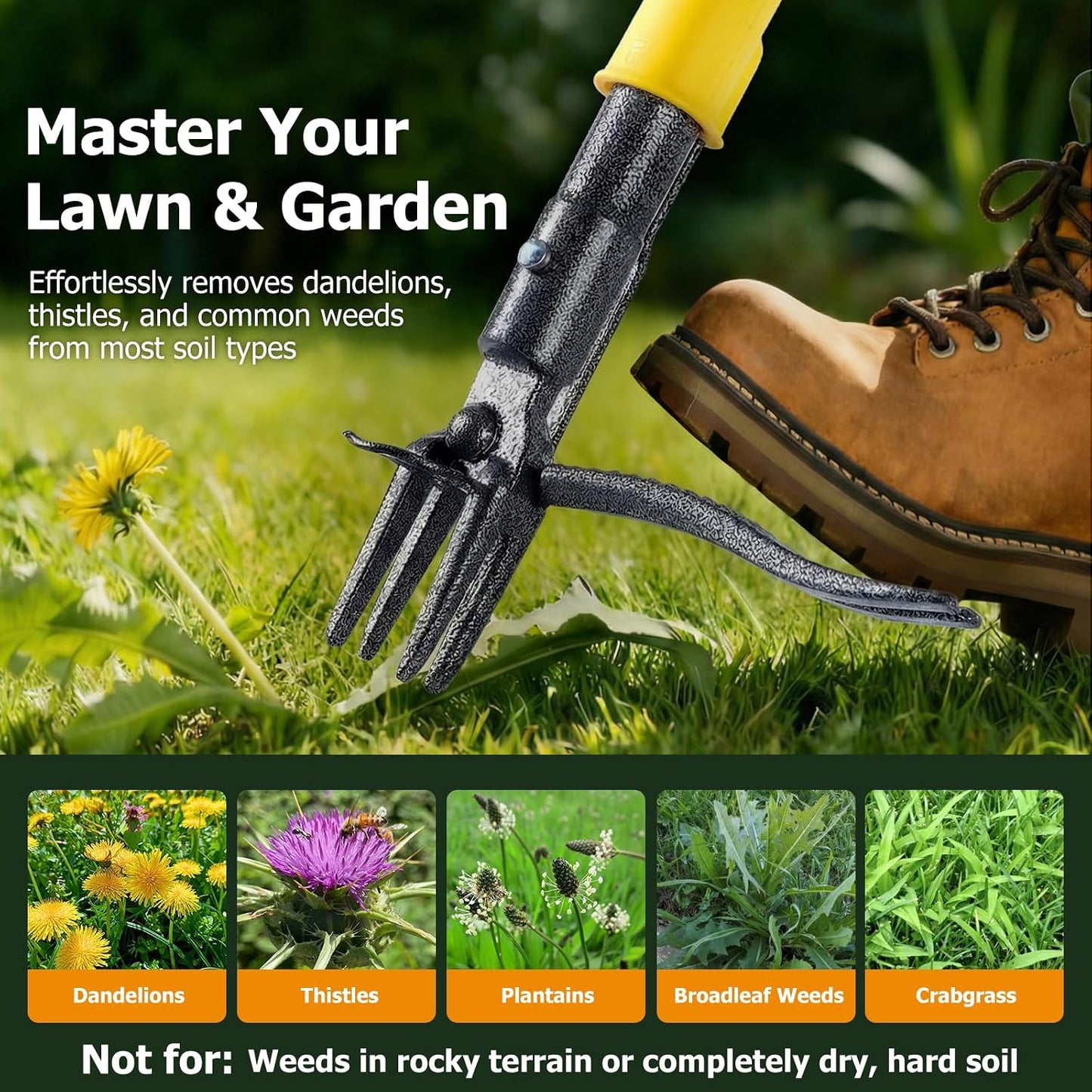 Weed Puller Tool Stand Up with Slide-Release Ejection, Reinforced Steel Weeder with 3-Section Long Handle, No-Touch Cleaning for Lawn & Garden, Heavy Duty No Bend Weeding Tool for Dandelions, Thistles