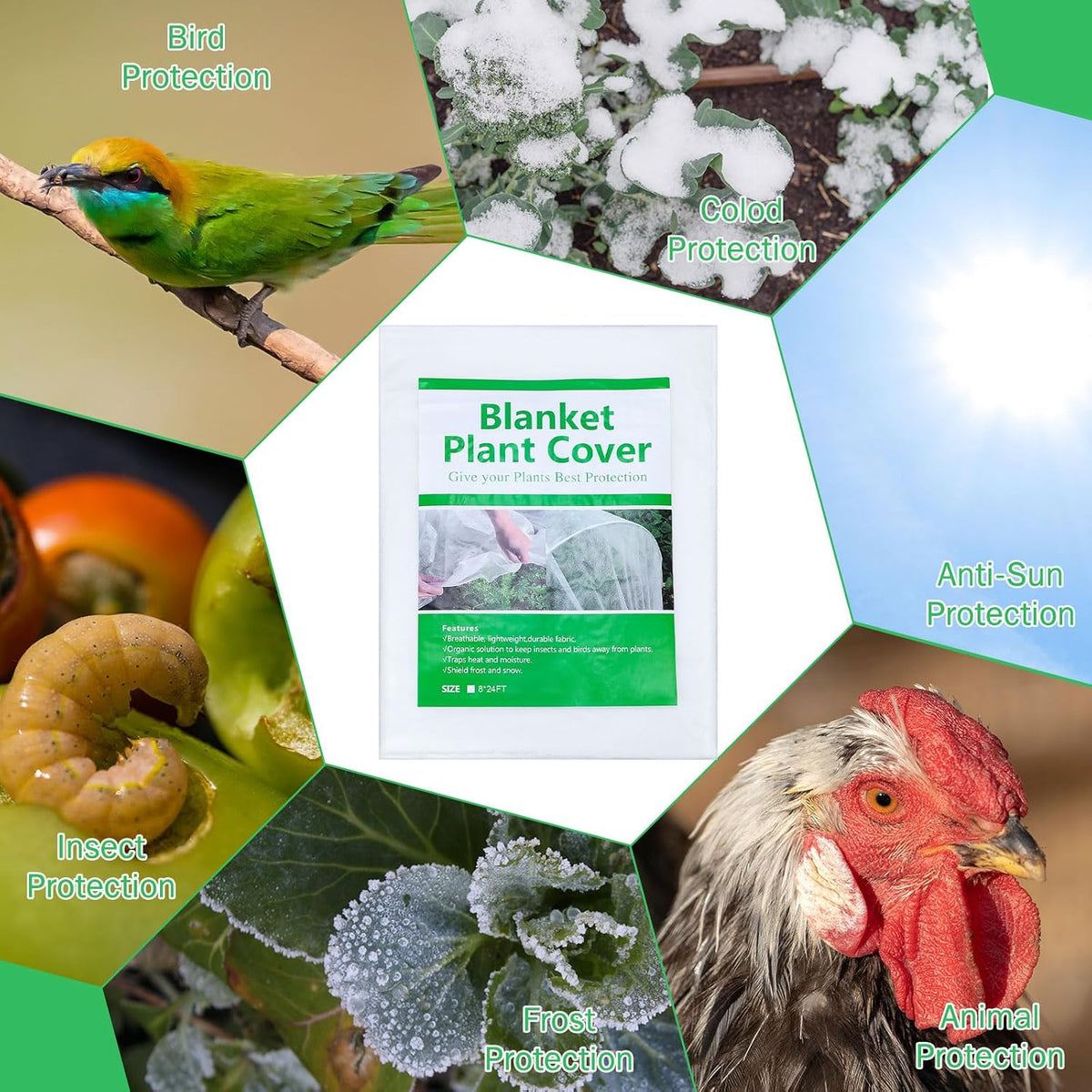 6 Pack Plant Covers Freeze Protection, 8 x 24ft Frost Blankets Cover for Plants, Plant Frost Protection Cover, Garden Netting for Winter, Floating Cover Frost Cloth, Freeze Protection Blankets