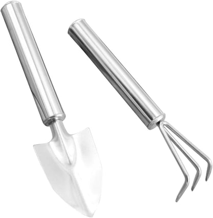 2pcs Set Garden Tool Set Gardening Planting Spades Shovel Tools Mini Transplant Plant Handheld Shovels Handle Spade Trowel Hand Succulent Landscaping Digging Rake Small Rake Silver
