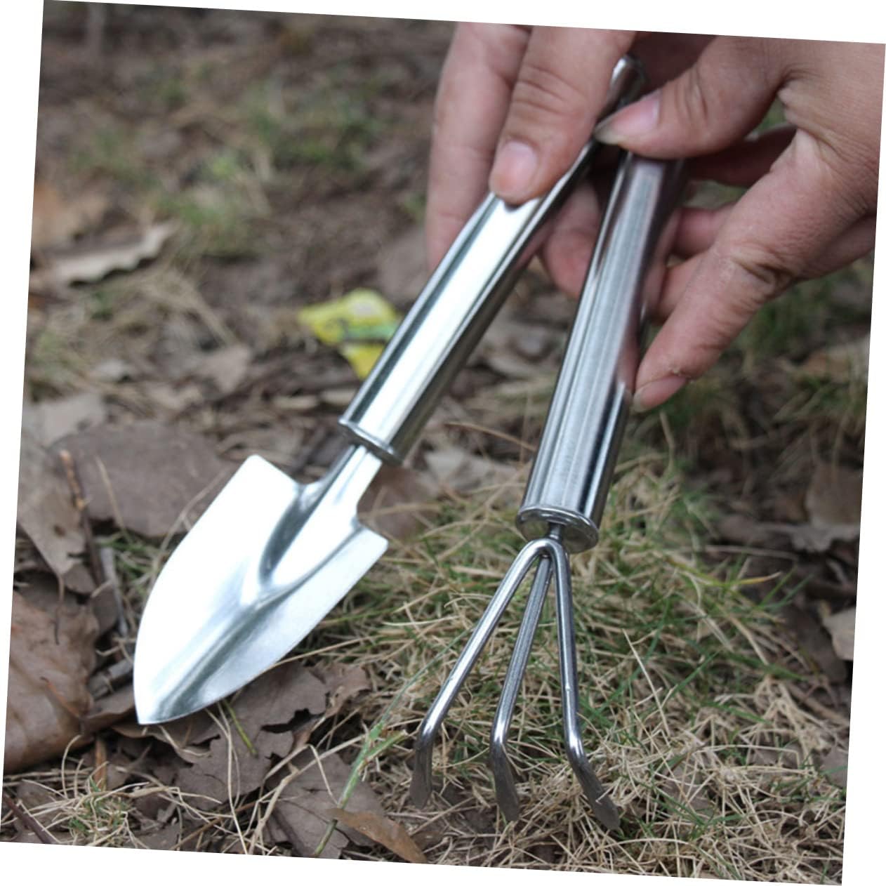 2pcs Set Garden Tool Set Gardening Planting Spades Shovel Tools Mini Transplant Plant Handheld Shovels Handle Spade Trowel Hand Succulent Landscaping Digging Rake Small Rake Silver