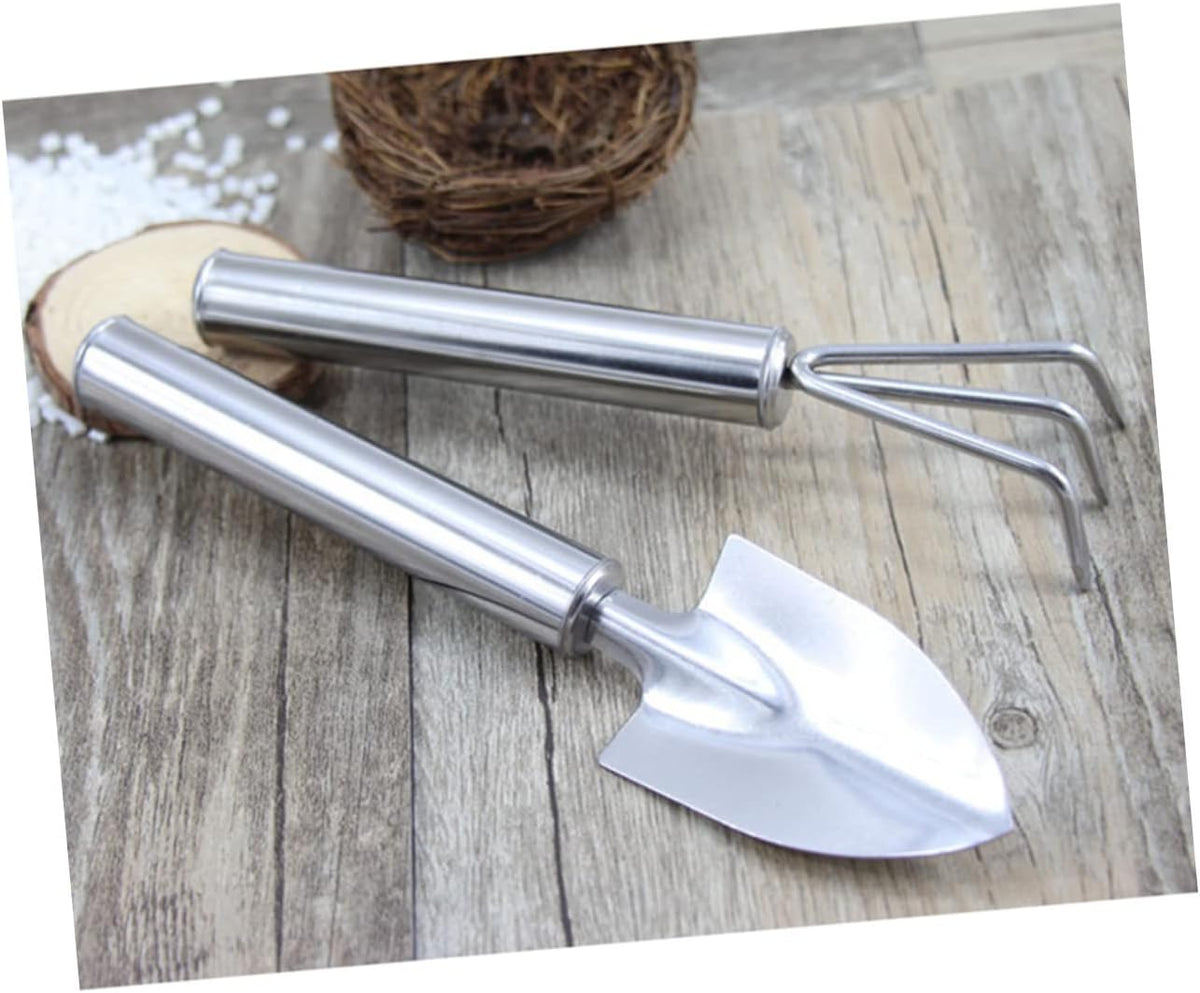 2pcs Set Garden Tool Set Gardening Planting Spades Shovel Tools Mini Transplant Plant Handheld Shovels Handle Spade Trowel Hand Succulent Landscaping Digging Rake Small Rake Silver