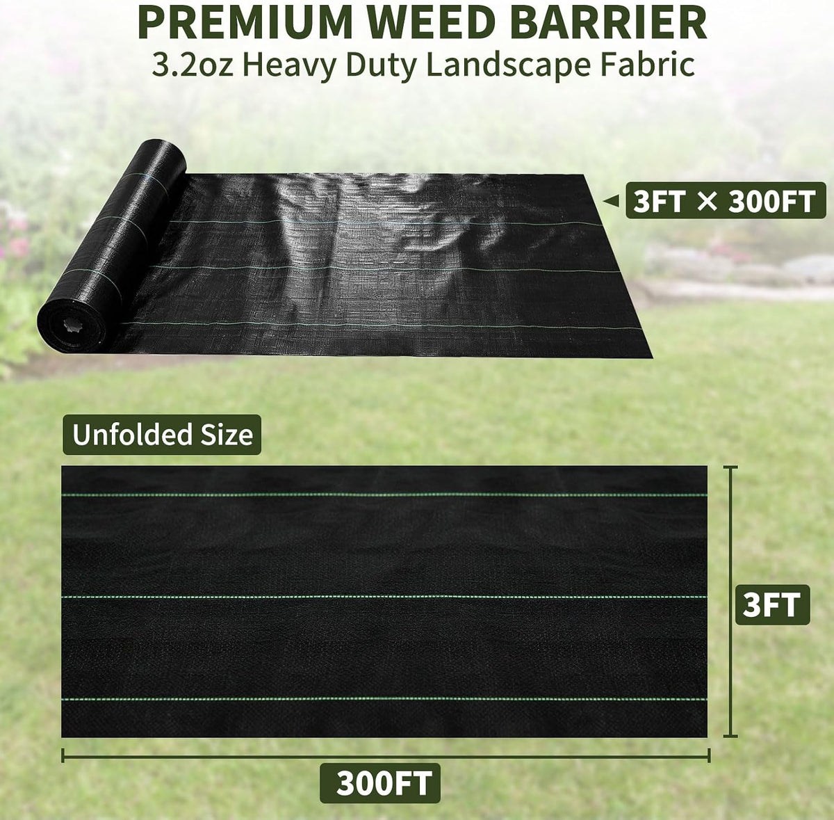 3ft x 300ft Weed Barrier Fabric, Heavy Duty Landscape Fabric, 3.2oz Weed Control Fabric, Tear-Resistant Weed Blocker Ground Cover for Garden, Gravel, Driveway, Flower Bed
