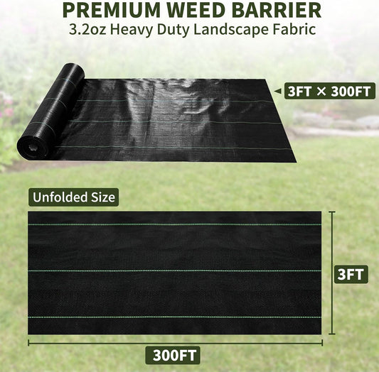 3ft x 300ft Weed Barrier Fabric, Heavy Duty Landscape Fabric, 3.2oz Weed Control Fabric, Tear-Resistant Weed Blocker Ground Cover for Garden, Gravel, Driveway, Flower Bed