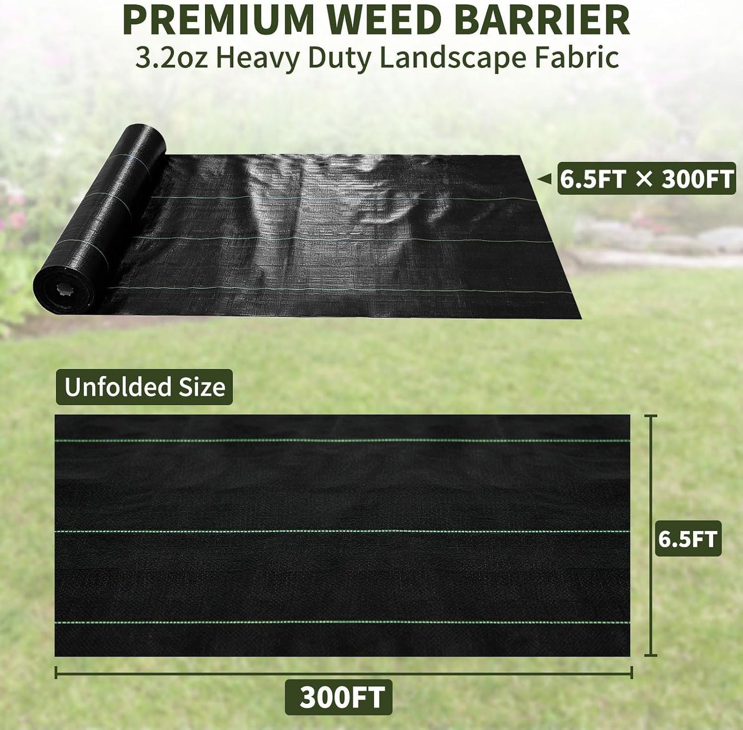 3ft x 300ft Weed Barrier Fabric, Heavy Duty Landscape Fabric, 3.2oz Weed Control Fabric, Tear-Resistant Weed Blocker Ground Cover for Garden, Gravel, Driveway, Flower Bed