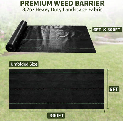 3ft x 300ft Weed Barrier Fabric, Heavy Duty Landscape Fabric, 3.2oz Weed Control Fabric, Tear-Resistant Weed Blocker Ground Cover for Garden, Gravel, Driveway, Flower Bed