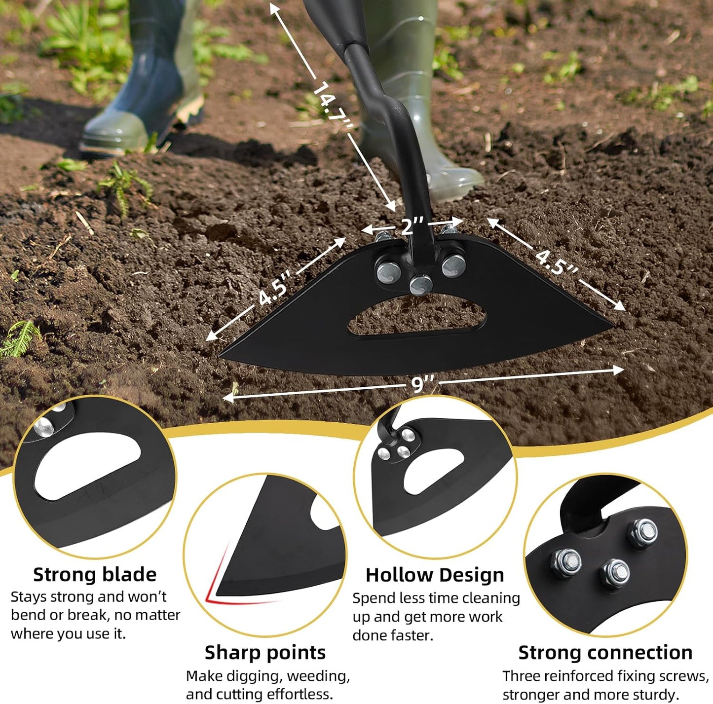 Garden Hoe Weeder Removal - Heavy Duty Weed Hoes for Gardening,55" Stand Up Long Handle, Sharp Hollow Blade,Push Pull Hand Weeding Tool for Garden Bed, Yard,Lawn Landscaping