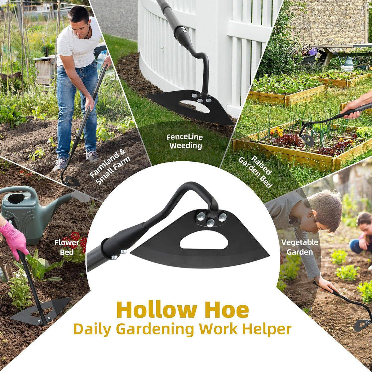 Garden Hoe Weeder Removal - Heavy Duty Weed Hoes for Gardening,55" Stand Up Long Handle, Sharp Hollow Blade,Push Pull Hand Weeding Tool for Garden Bed, Yard,Lawn Landscaping