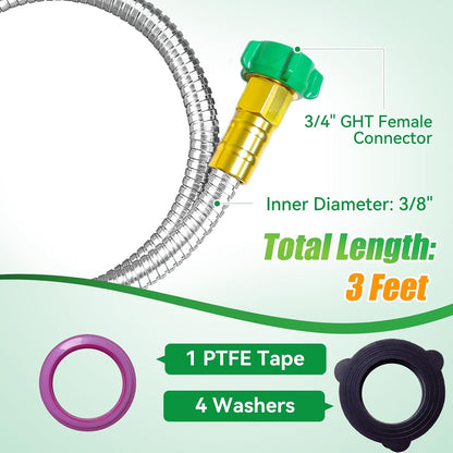 Heavy Duty 304 Stainless Steel Garden Hose, 3ft Leakproof Flexible Leader Hose with Female to Female Connectors for Hose Reel, Car, Pet Cleaning & Outdoor Watering