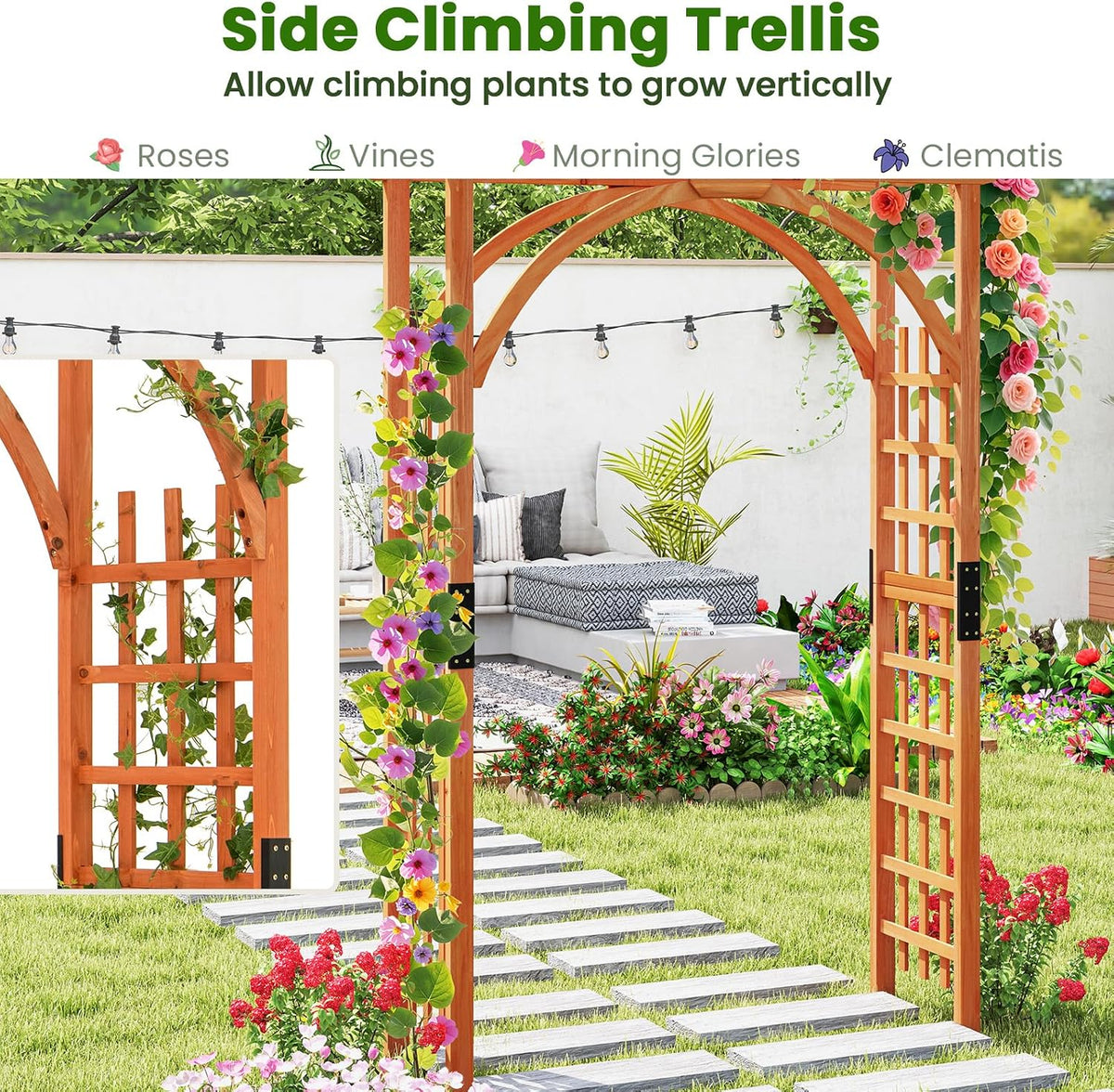 Wood Arbor, 84 inch Wooden Garden Arch with 17.5 inch Lattice Side Panels, Wooden Trellis for Climbing Plants Outdoor, Wedding Ceremony, Birthday Party, Lawn