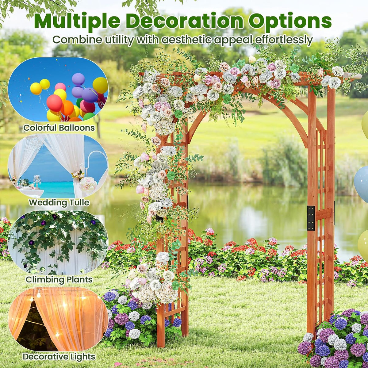 Wood Arbor, 84 inch Wooden Garden Arch with 17.5 inch Lattice Side Panels, Wooden Trellis for Climbing Plants Outdoor, Wedding Ceremony, Birthday Party, Lawn