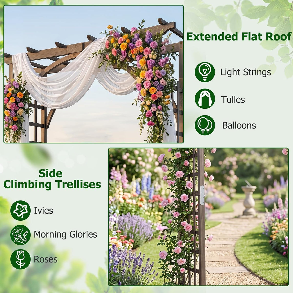 Wood Arbor, 84 inch Wooden Garden Arch with 17.5 inch Lattice Side Panels, Wooden Trellis for Climbing Plants Outdoor, Wedding Ceremony, Birthday Party, Lawn