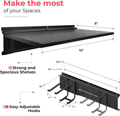 Garage Wall Organizer, Shovel Holder Wall Mount, 48" Double Hooks