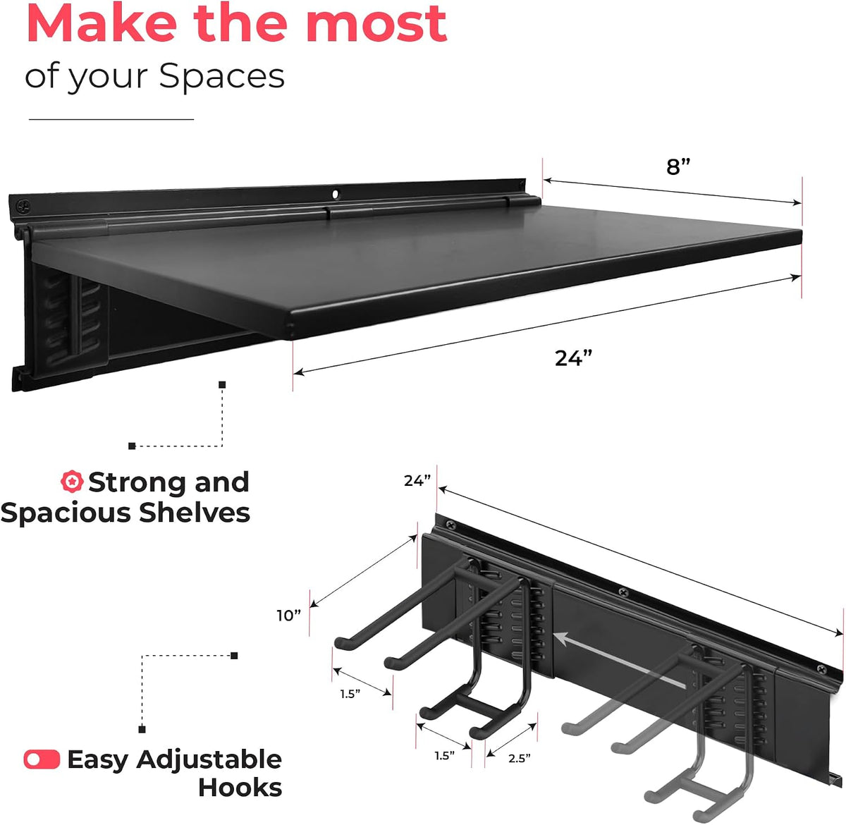 Garage Wall Organizer, Shovel Holder Wall Mount, 48" Double Hooks
