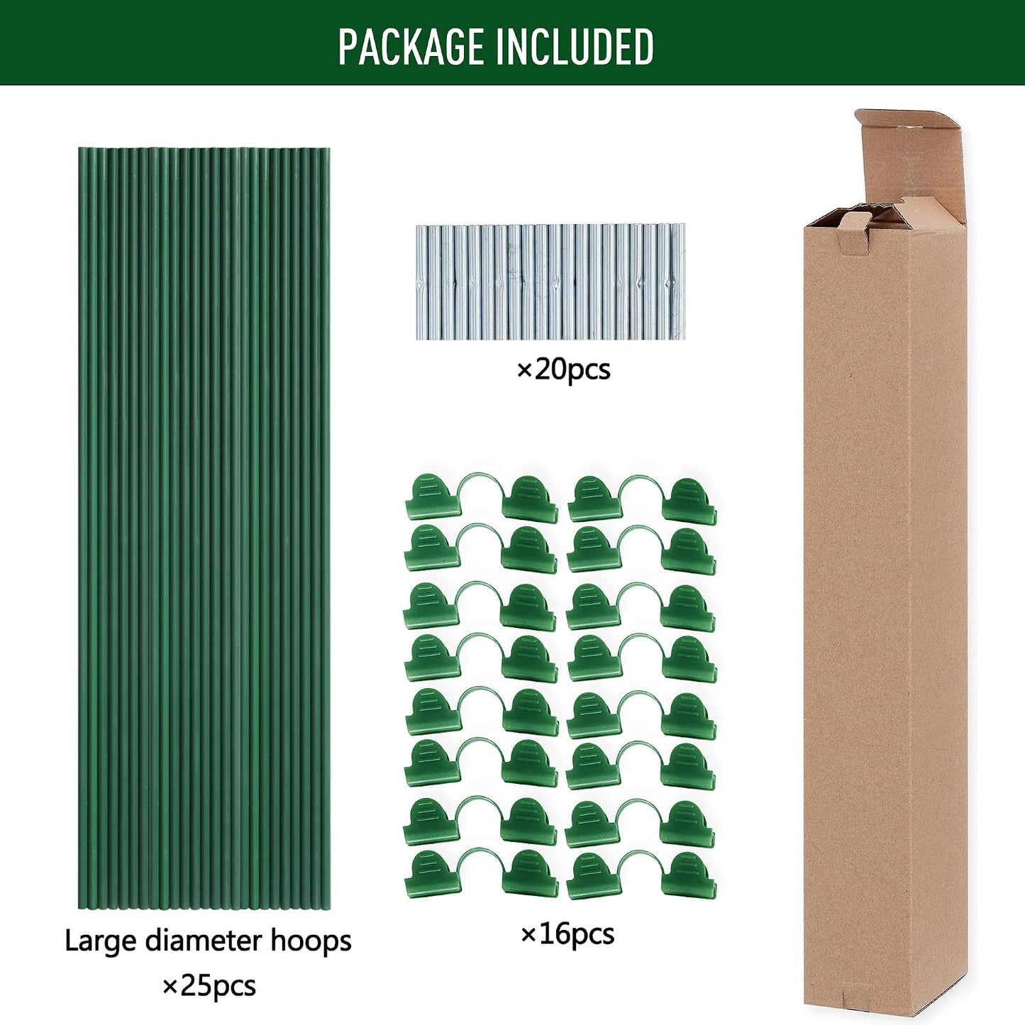 Greenhouse Hoops Kit, DIY 8ft Grow Tunnel, Fits Raised Garden Beds 2.8ft Wide & Up, 25 Pcs Rust-Proof Fiberglass Frame Support Rods for Row Cover, Shade Cloth, Frost Netting & Plant Stakes