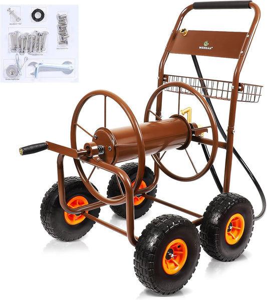 Upgrade Hose Reel Cart, Garden Hose Cart 4 Wheels, Holds 300ft 5/8"