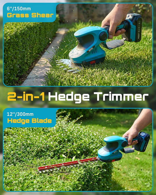2-in-1 20V Cordless Hedge Trimmer 12" & Grass Shear, 2 Batteries
