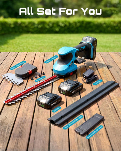 2-in-1 20V Cordless Hedge Trimmer 12" & Grass Shear, 2 Batteries