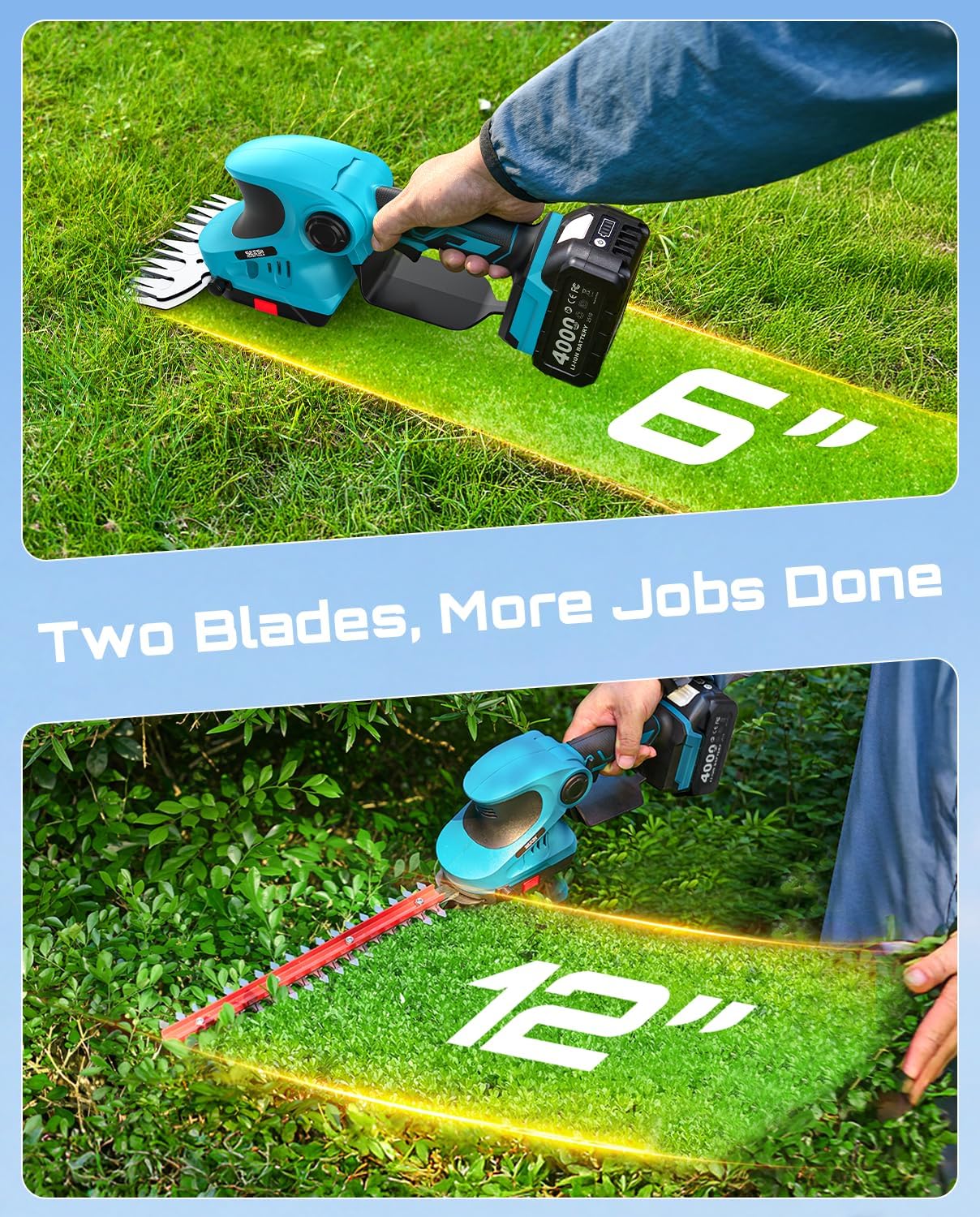 2-in-1 20V Cordless Hedge Trimmer 12" & Grass Shear, 2 Batteries