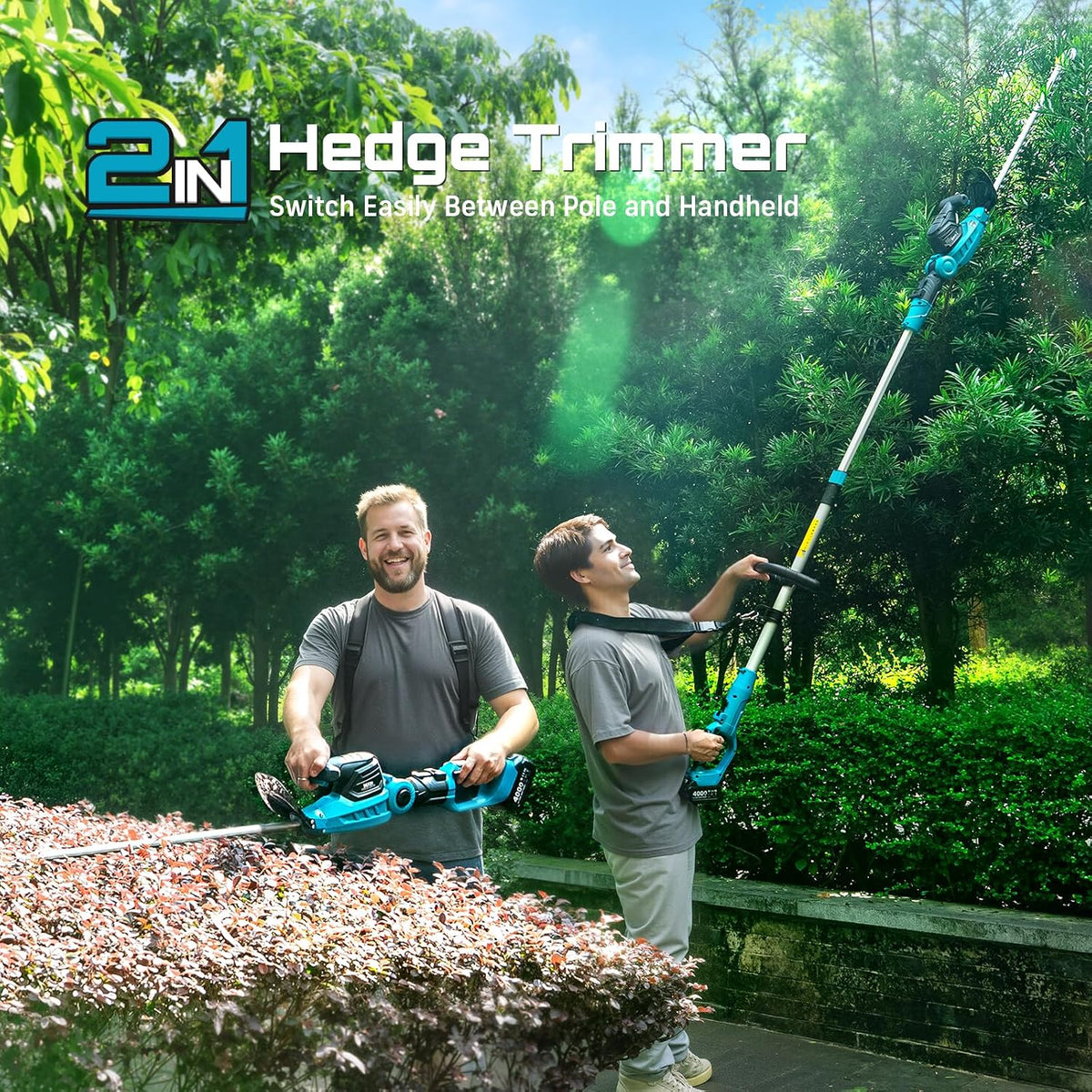 2-in-1 20V Cordless Hedge Trimmer 12" & Grass Shear, 2 Batteries