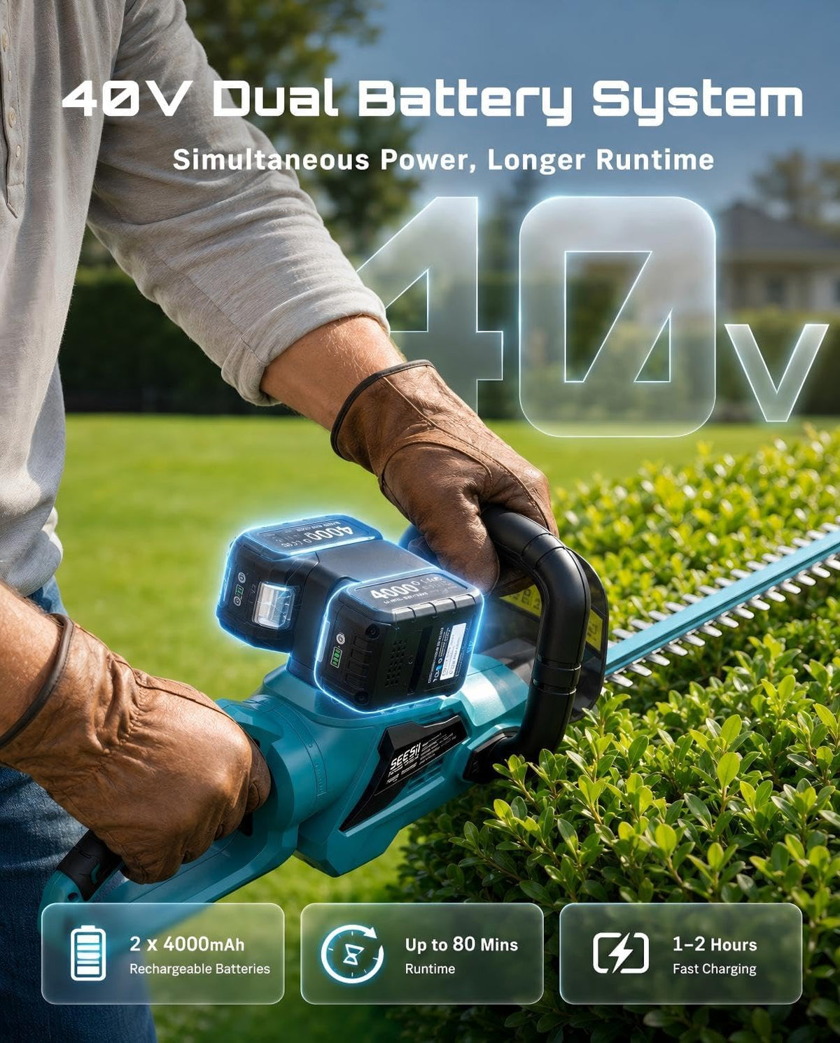 2-in-1 20V Cordless Hedge Trimmer 12" & Grass Shear, 2 Batteries