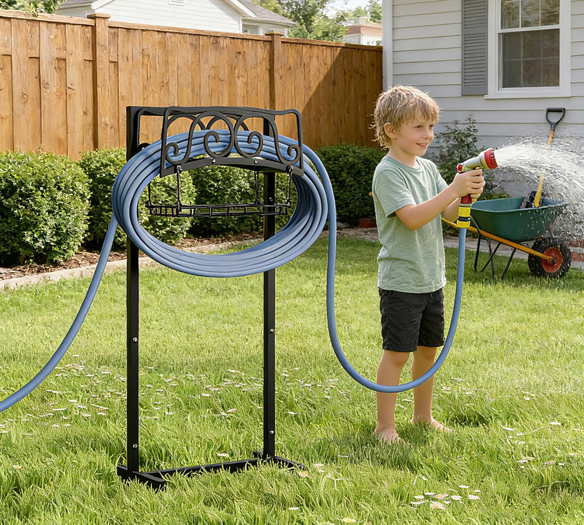 Water Hose Holder Freestanding, Garden Hose Holder Holds 150-Feet Hose, Heavy Duty Steel Garden Hose Storage Stand with Detachable Storage Basket for Outside Yard Lawn