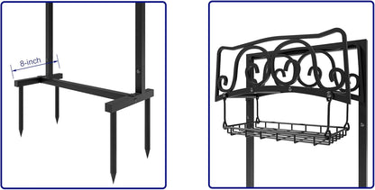Water Hose Holder Freestanding, Garden Hose Holder Holds 150-Feet Hose, Heavy Duty Steel Garden Hose Storage Stand with Detachable Storage Basket for Outside Yard Lawn
