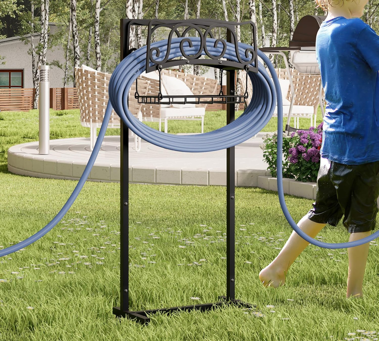 Water Hose Holder Freestanding, Garden Hose Holder Holds 150-Feet Hose, Heavy Duty Steel Garden Hose Storage Stand with Detachable Storage Basket for Outside Yard Lawn