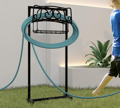 Water Hose Holder Freestanding, Garden Hose Holder Holds 150-Feet Hose, Heavy Duty Steel Garden Hose Storage Stand with Detachable Storage Basket for Outside Yard Lawn