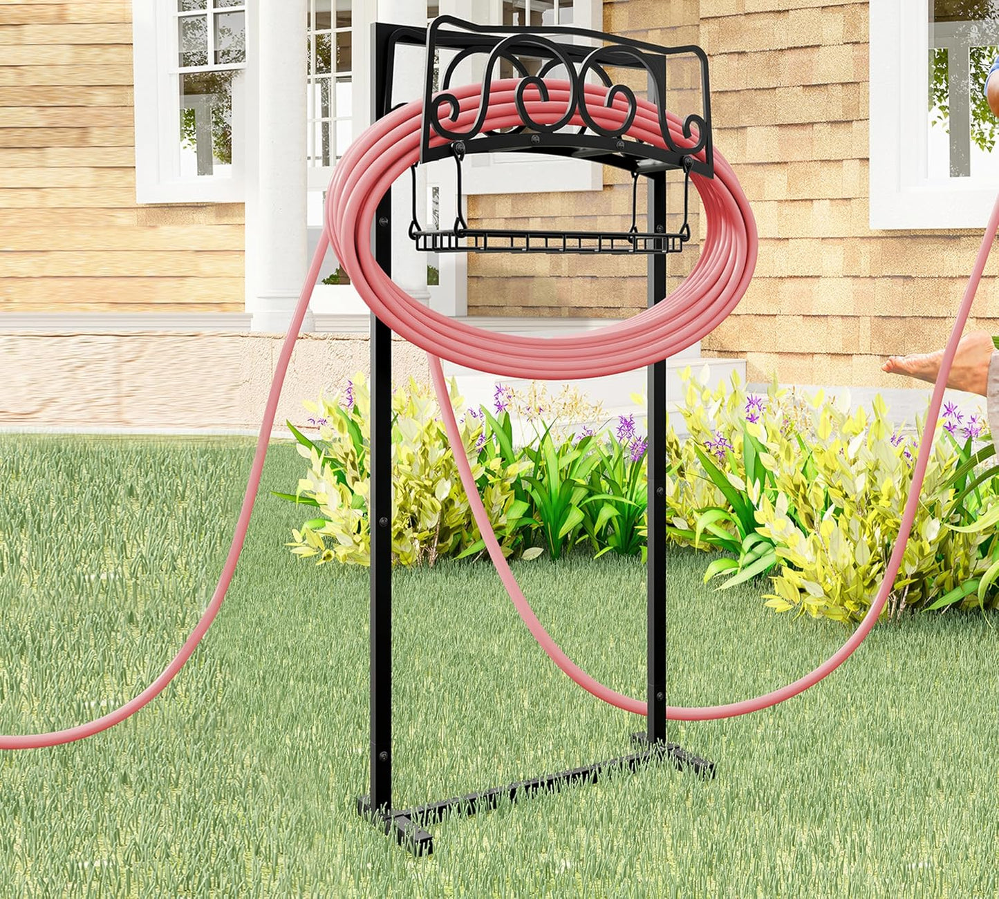 Water Hose Holder Freestanding, Garden Hose Holder Holds 150-Feet Hose, Heavy Duty Steel Garden Hose Storage Stand with Detachable Storage Basket for Outside Yard Lawn