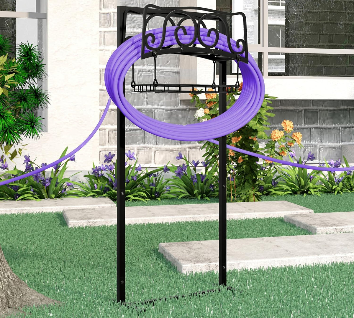 Water Hose Holder Freestanding, Garden Hose Holder Holds 150-Feet Hose, Heavy Duty Steel Garden Hose Storage Stand with Detachable Storage Basket for Outside Yard Lawn