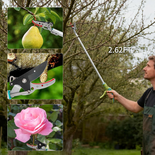 32 Inch Cut and Hold Pole Pruner - Lightweight Long Reach Tree Trimmer with Snip and Grip Technology, 1/2 Inch Cutting Capacity, One-Hand Use Fruit Picker for Roses, Persimmons & Tall Branches