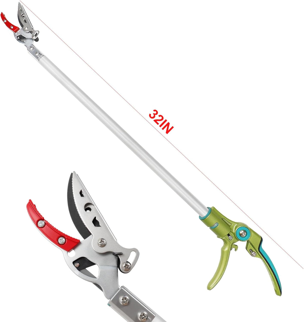 32 Inch Cut and Hold Pole Pruner - Lightweight Long Reach Tree Trimmer with Snip and Grip Technology, 1/2 Inch Cutting Capacity, One-Hand Use Fruit Picker for Roses, Persimmons & Tall Branches