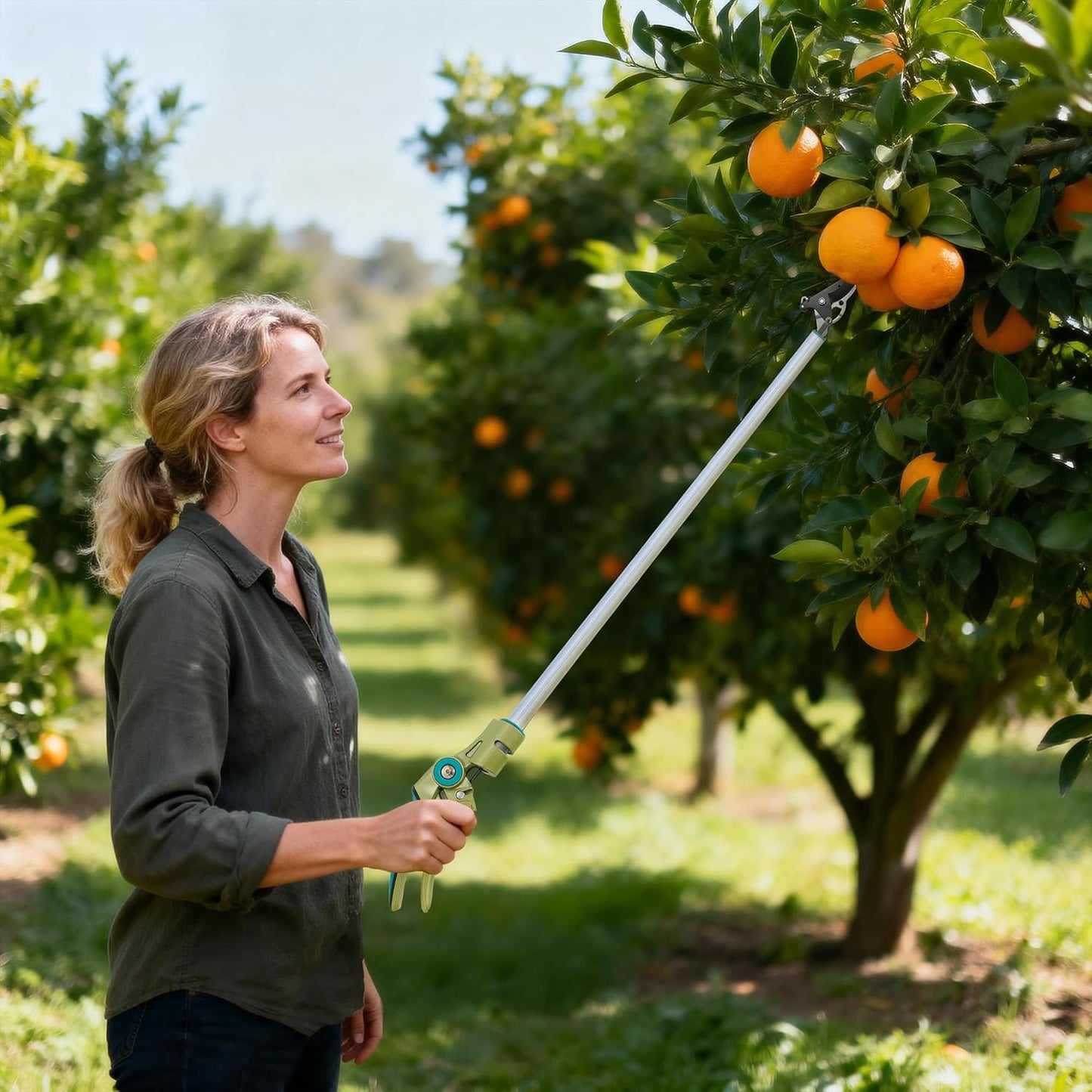 32 Inch Cut and Hold Pole Pruner - Lightweight Long Reach Tree Trimmer with Snip and Grip Technology, 1/2 Inch Cutting Capacity, One-Hand Use Fruit Picker for Roses, Persimmons & Tall Branches